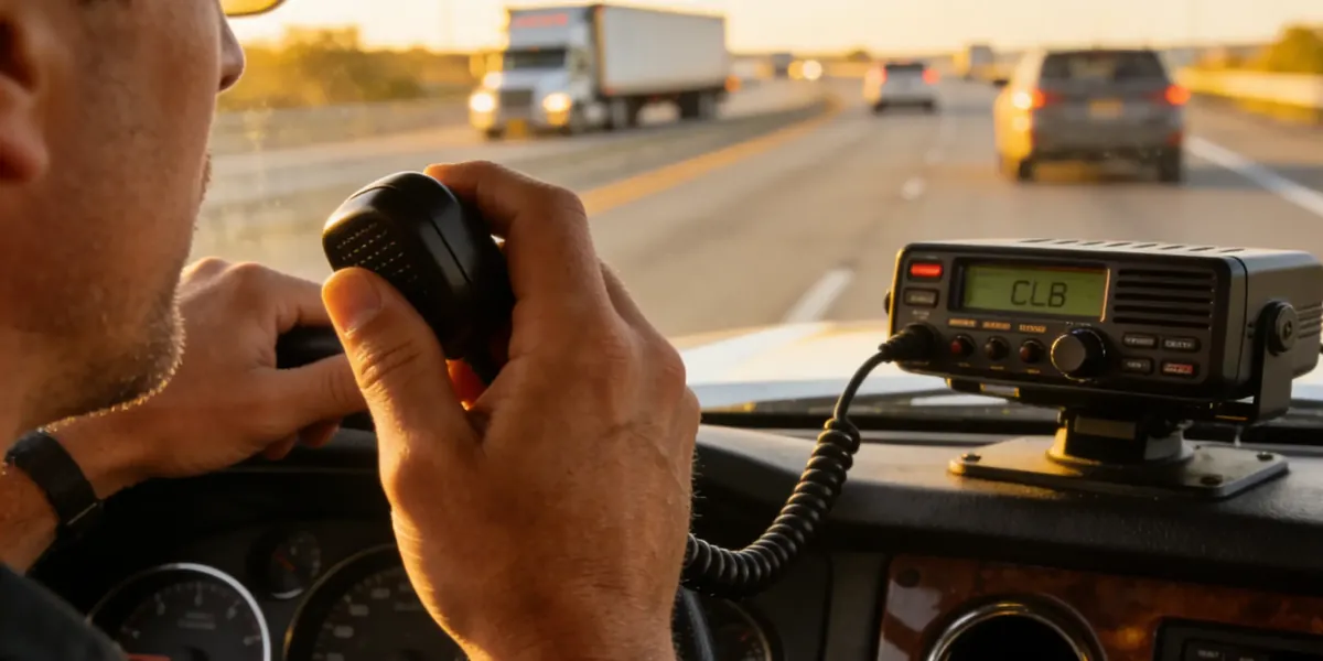 Trucker holding a CB radio microphone with the radio mounted on the dashboard