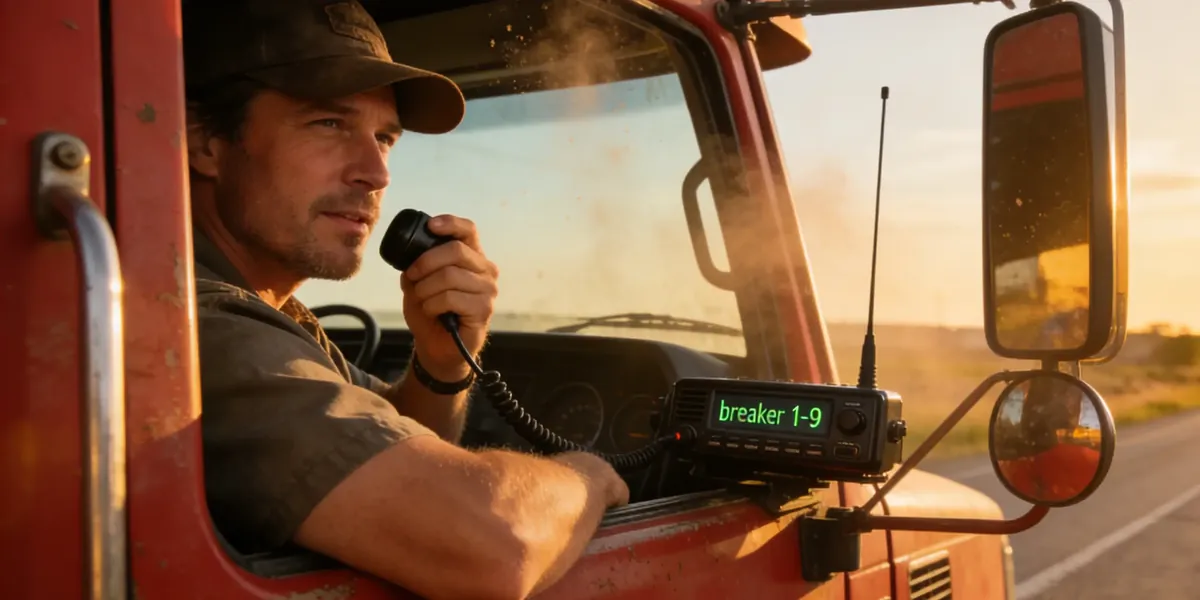 Trucker using a CB radio with breaker 1-9 on the display - the classic Channel 19 call