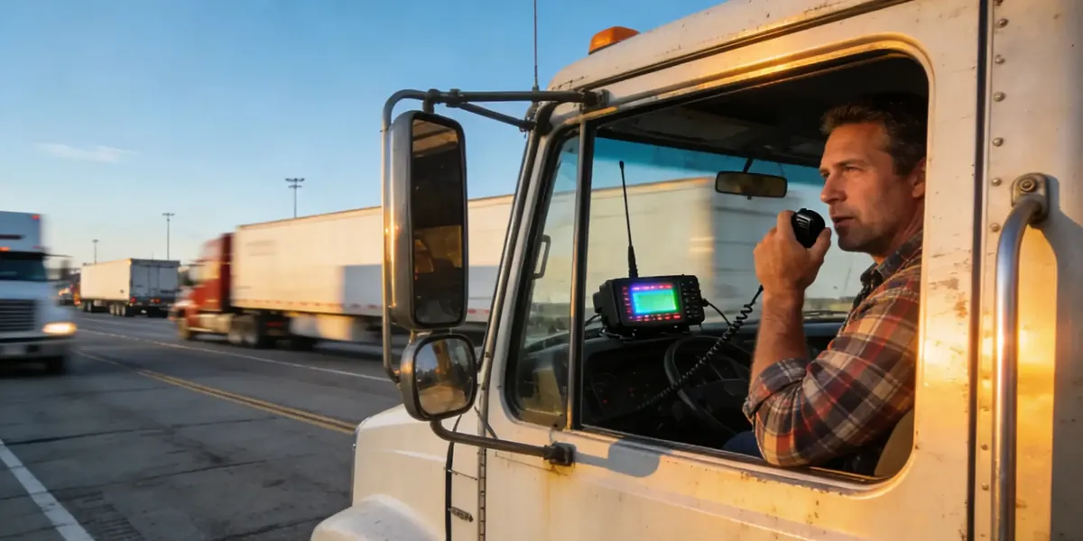 Trucker operating a CB radio in his rig on the highway - real-world daily CB use